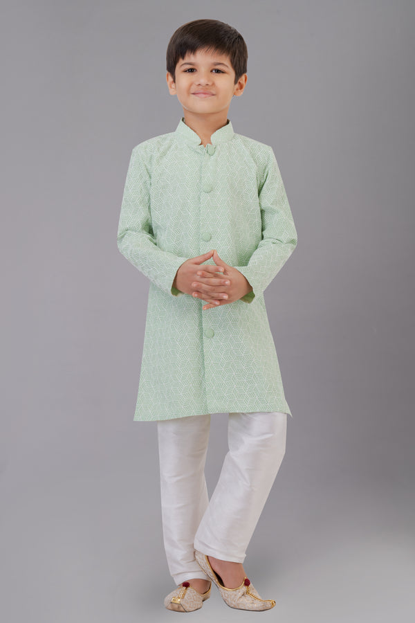Angasudha Mint Green Printed Kids Kurta Set with White Pajama