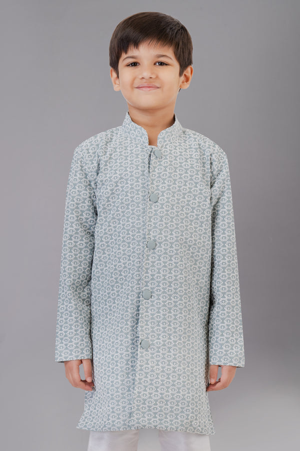 Angasudha Sky Blue Floral Printed Kids Kurta Set with White Pajama