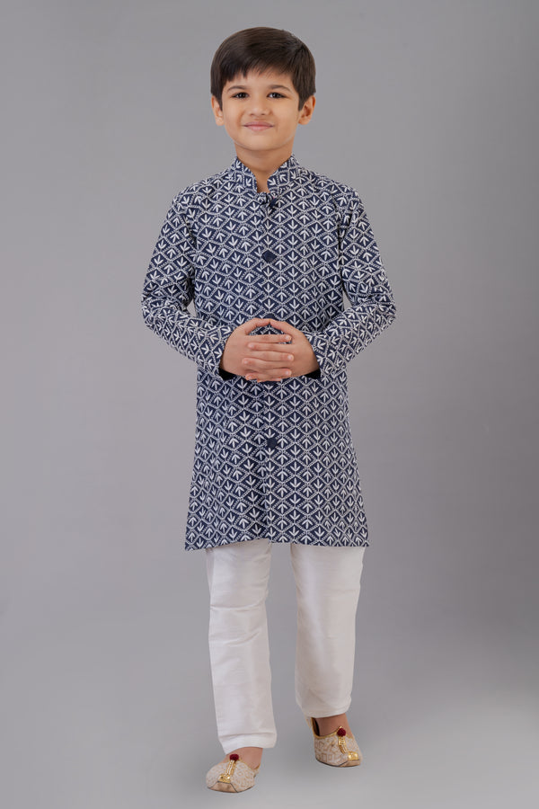 Angasudha Navy Blue Printed Kurta Pajama Set for Boys