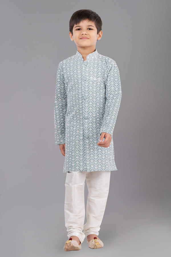Angasudha Pastel Blue Printed Sherwani Kurta Pajama Set for Boys