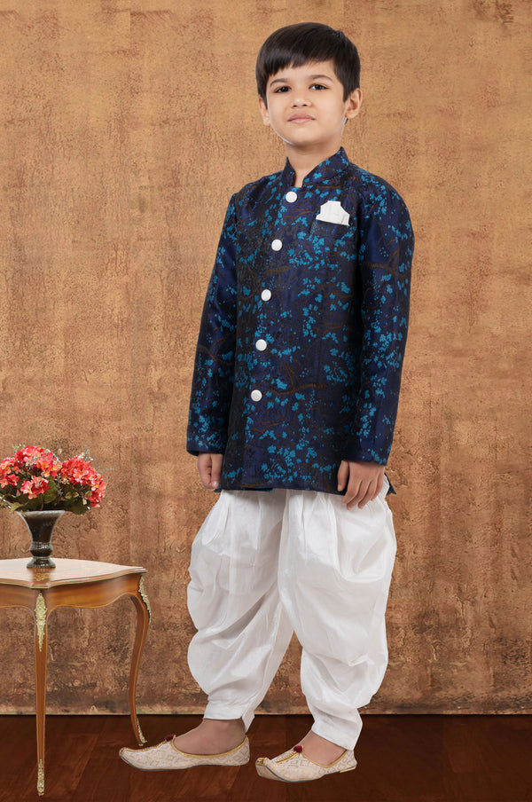 Angasudha Navy Blue Printed Brocade Kurta with White Dhoti Pants – Boys' Elegant Festive Set
