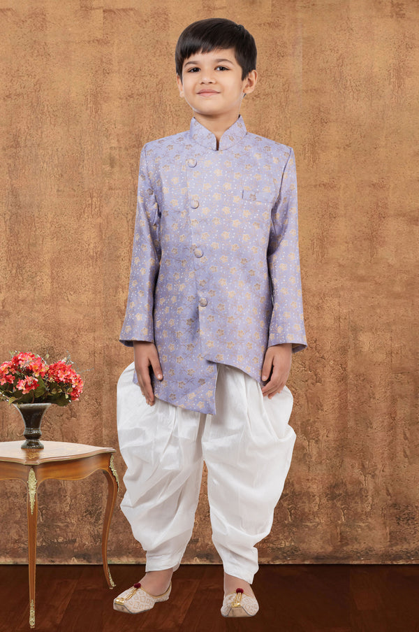 Angasudha Lavender Brocade Asymmetric Kurta with White Dhoti Pants – Boys' Royal Festive Set