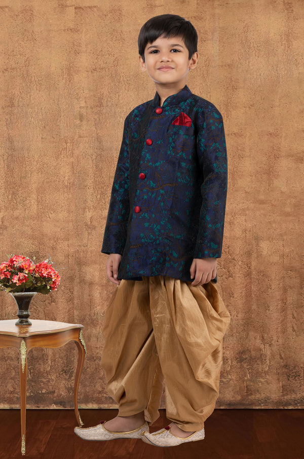 Angasudha Navy Blue Jacquard Silk Kurta with Golden Dhoti Pants – Boys' Festive Royal Set