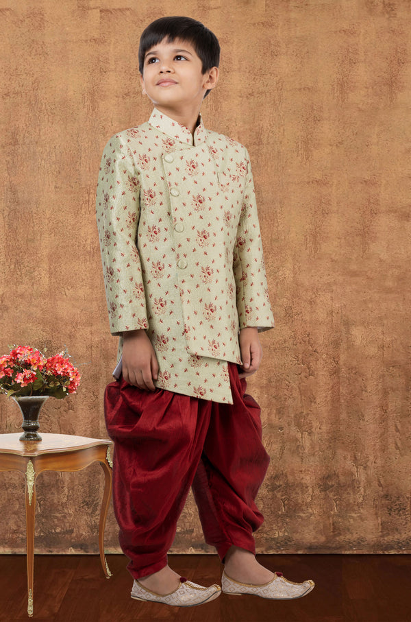 Angasudha Mint Green Jacquard Silk Kurta with Maroon Dhoti Pants – Boys' Elegant Festive Set