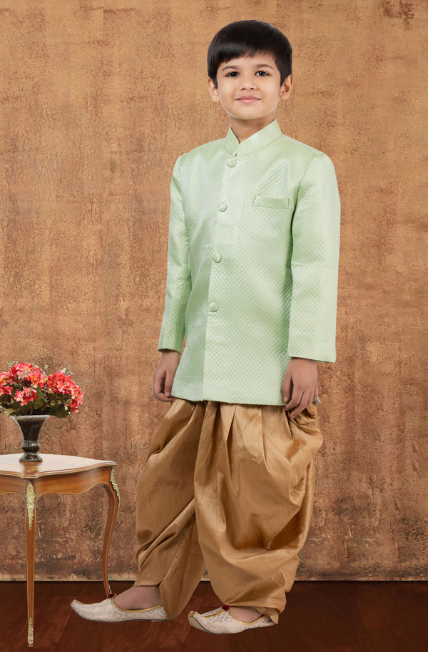 Angasudha Mint Green Jacquard Silk Kurta with Golden Dhoti Pants – Boys' Classic Ethnic Set