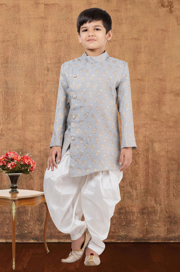 Angasudha Sky Blue Jacquard Silk Kurta with White Dhoti Pants – Boys' Royal Festive Set