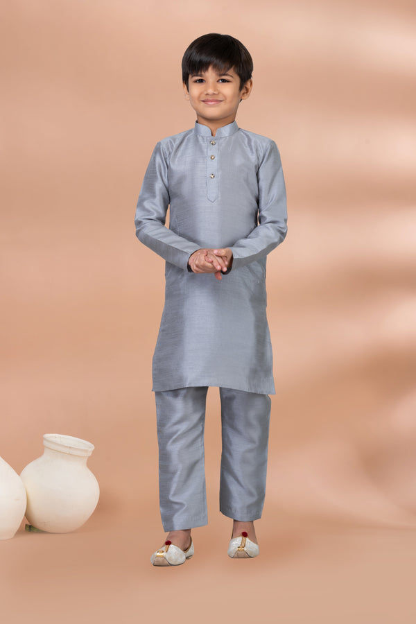 Angasudha Steel Grey Silk Blend Kurta Pajama Set for Boys