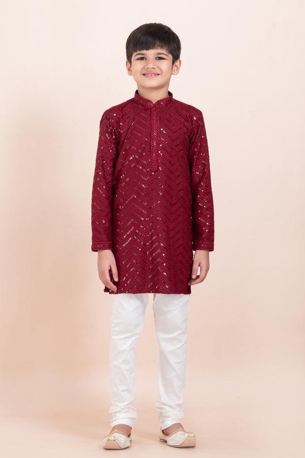 Angasudha Maroon Sequin Embroidered Kurta Set for Boys