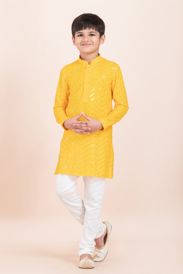 Angasudha Sunshine Yellow Sequin Embroidered Kurta Set for Boys