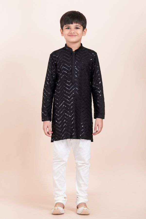 Angasudha Classic Black Sequin Embroidered Kurta Set for Boys