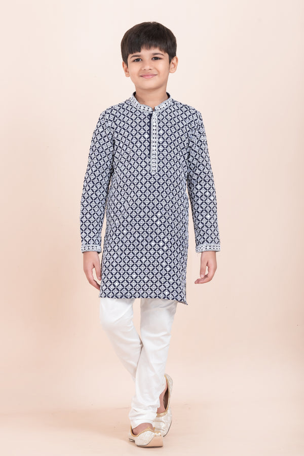 Angasudha Navy Blue Printed Cotton Kurta Set for Boys