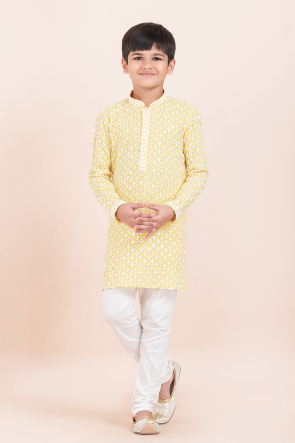 Angasudha Lemon Yellow Printed Cotton Kurta Set for Boys
