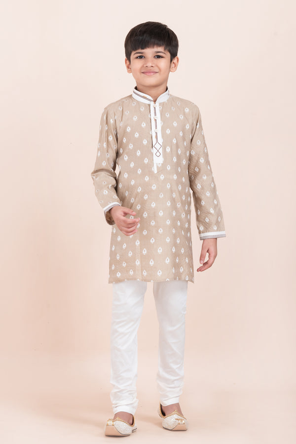 Angasudha Classic Beige Printed Kurta Set for Boys