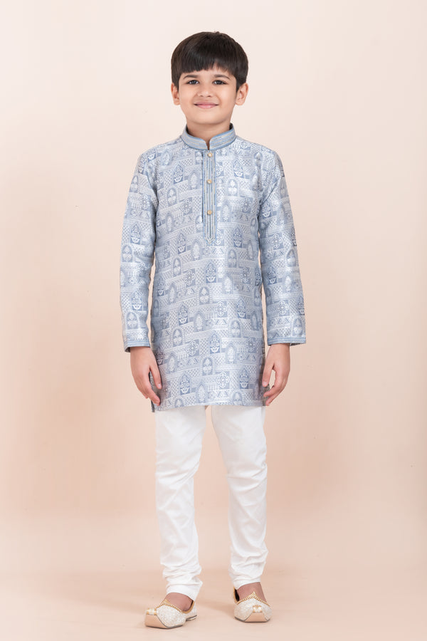 Angasudha Silver Blue Jacquard Kurta Set for Boys