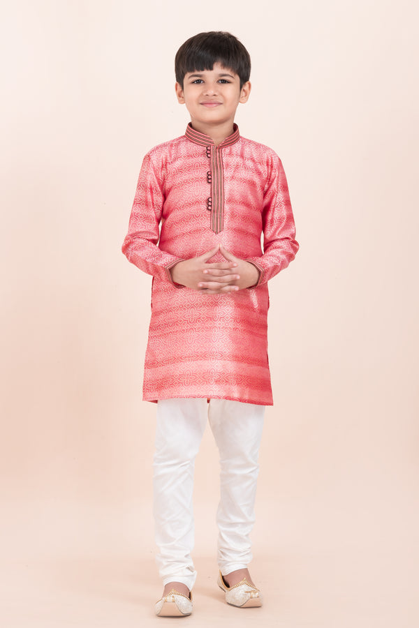 Angasudha Coral Red Jacquard Kurta Set for Boys
