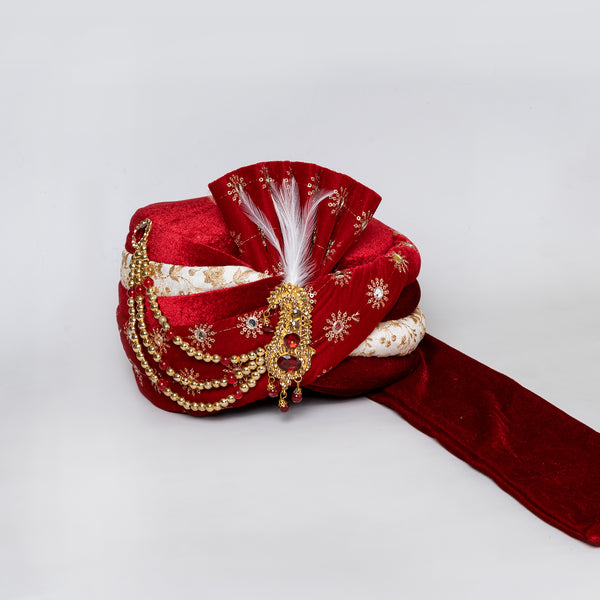 Angasudha Regal Maroon Velvet Sherwani Safa with Feather & Stone Brooch