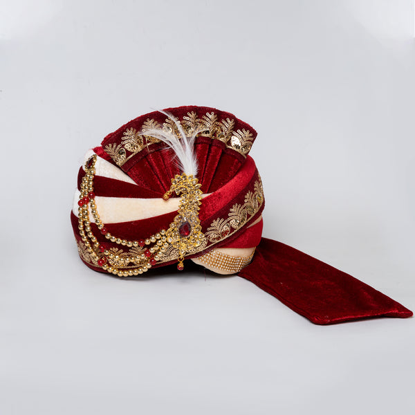 Angasudha Royal Maroon Velvet Groom Safa with Embroidered Design & Feather Brooch