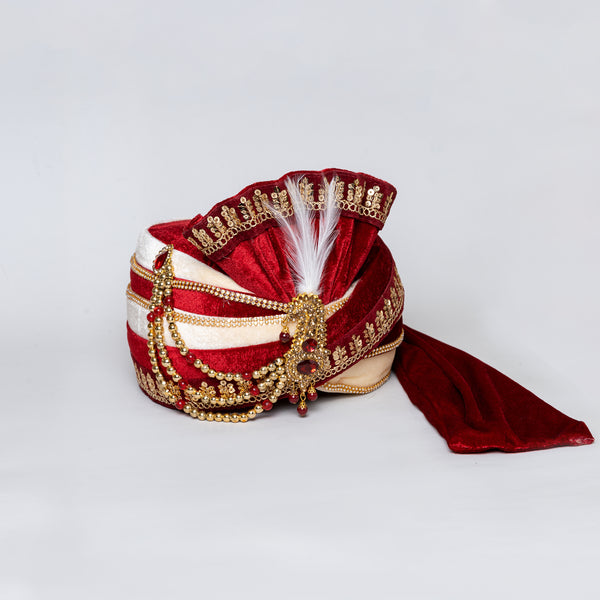 Angasudha Majestic Maroon & Cream Velvet Wedding Safa with Golden Embellishments