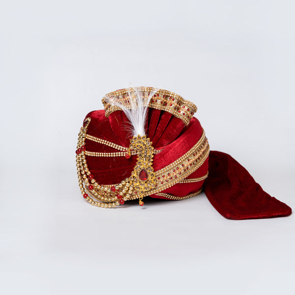 Angasudha Imperial Maroon Velvet Groom Pagdi with Beaded Chains & Feather Brooch