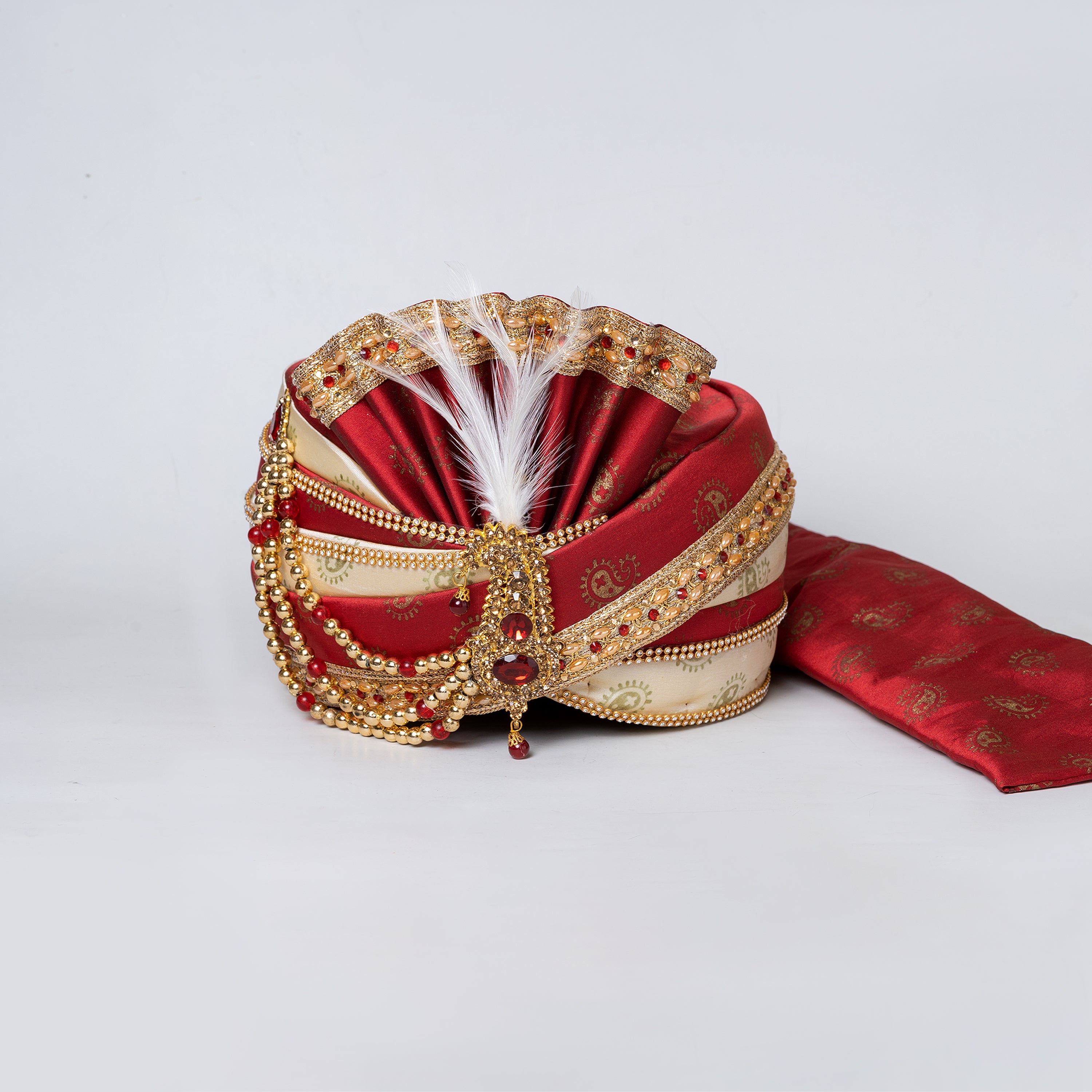 Angasudha Royal Red & Cream Groom Pagdi with Golden Embroidery and Fea ...