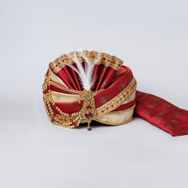 Angasudha Royal Red & Cream Groom Pagdi with Golden Embroidery and Feather Brooch